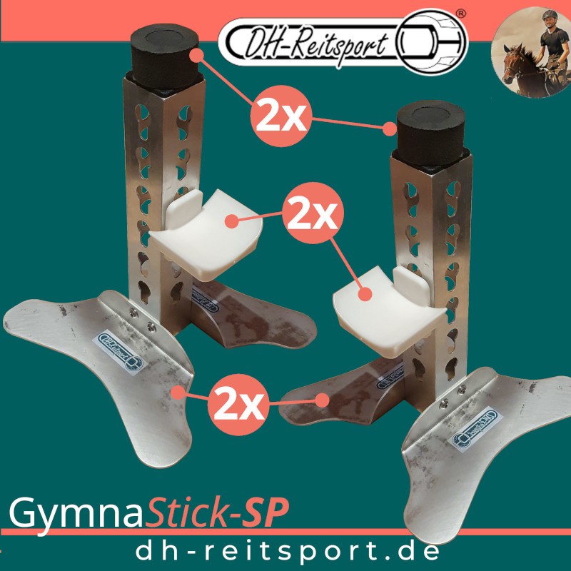 A pair of GymnaStick-SP aluminum cavaletti stands including safety slip-on buffers and two pole cups.