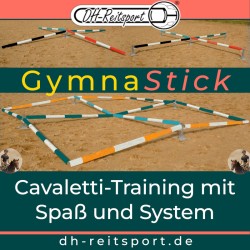 Training application of GymnaStick2SP cavaletti stands arranged in star and fourfold square patterns.