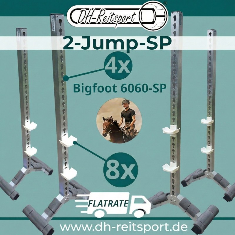 Komplettes Hindernisset 2-JUMP-SP mit 4 Bigfoot 6060 Ständern und dezenten anthrazitgrauen Fußpolstern.
