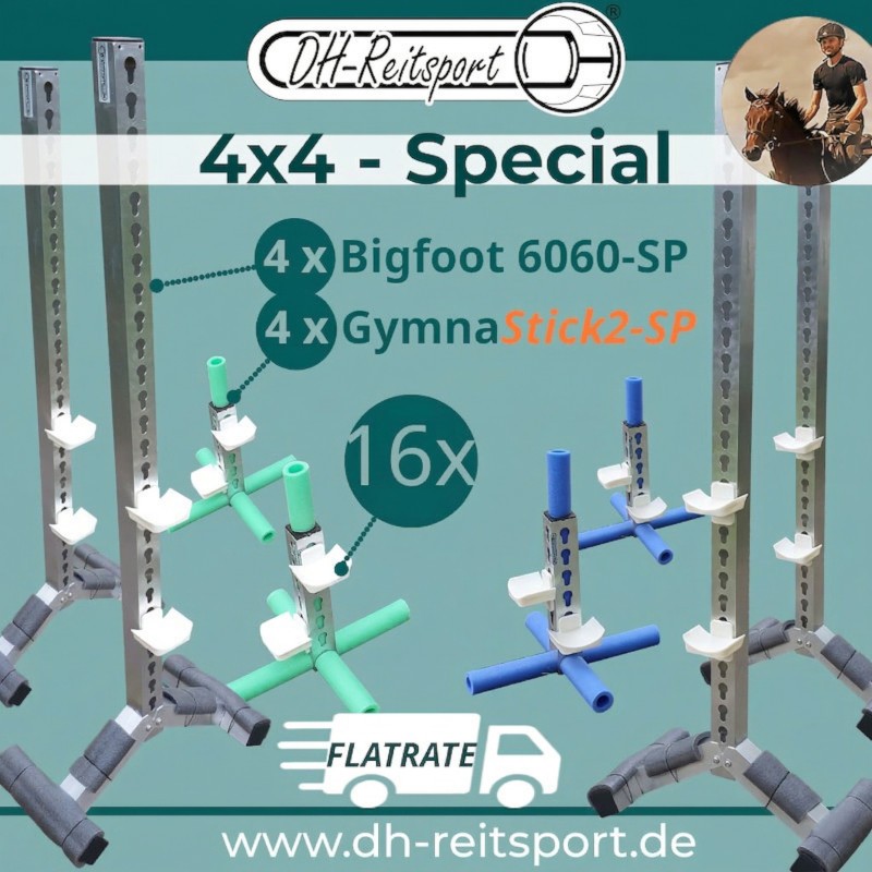 4x4-Special springpakke – 4 GymnaStick2 cavalettistøtter og 4 Bigfoot 6060 springstøtter i aluminium med polstrede fødder