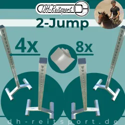 2-Jump Produktbündel Übersicht: Vier Bigfoot 6060 Aluminium-Hindernisständer und acht weiße Auflagen.