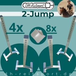 2-Jump produktoversigt: Fire Bigfoot 6060 aluminium springstøtter og otte hvide bomholdere.