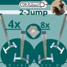 2-Jump produktoversigt: Fire Bigfoot 6060 aluminium springstøtter og otte hvide bomholdere.