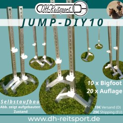 Aufbau-Beispiel mit zehn Bigfoot 6060 Aluminium-Hindernisständern, ausgestattet mit je zwei weißen Auflagen.