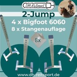2-Jump productoverzicht: Vier Bigfoot 6060 aluminium hindernisstaanders en acht witte hindernislepels.
