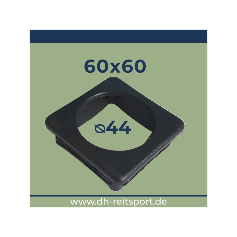 Svart kvadratisk plastplugg 60x60mm med borrat hål för PE-skumrör.