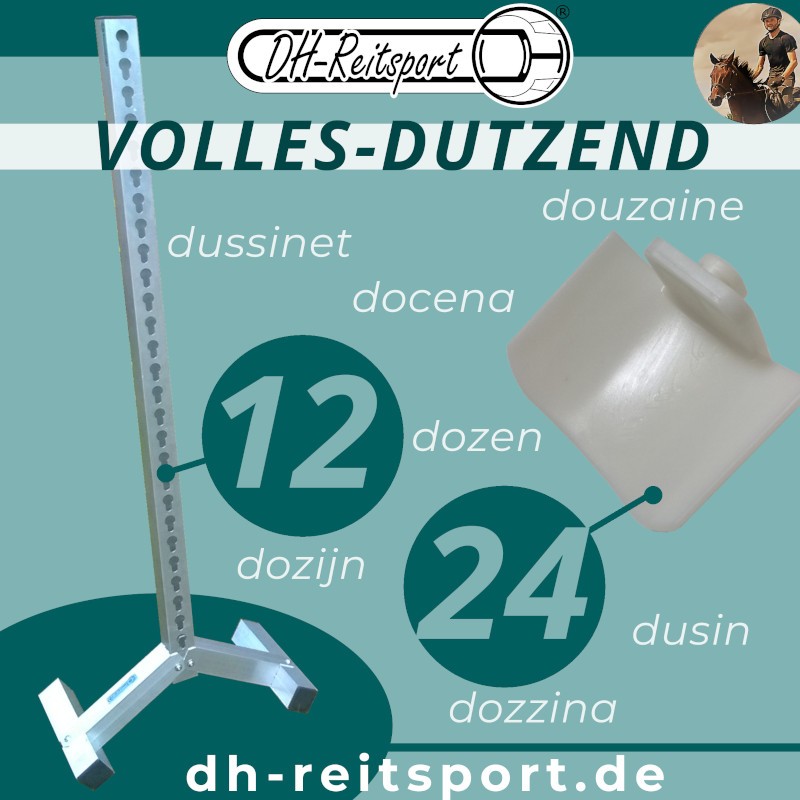 Jump-DIY12 Hindernisständer mit Aufschrift "12" und Stangenauflage mit Aufschrift "24" zur Anzeige des Set-Umfangs.